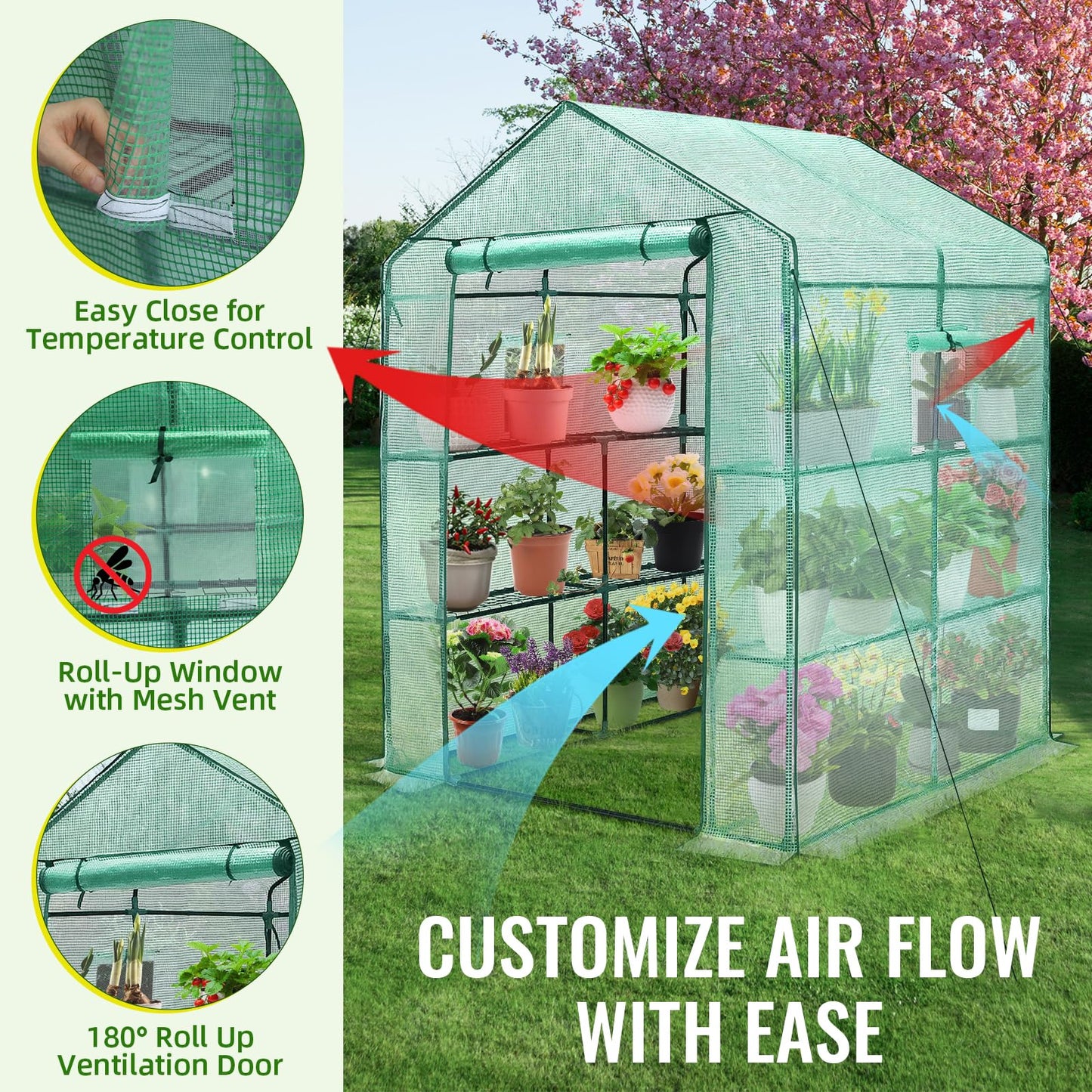 Greengro Greenhouse, 57 x 57 x 76'' Greenhouses for Outdoors, Portable Greenhouse Kit with Mesh Side Windows, PE Cover, 8 Shelves, Heavy Duty Walk in Green House for Backyard Garden Indoor Outside
