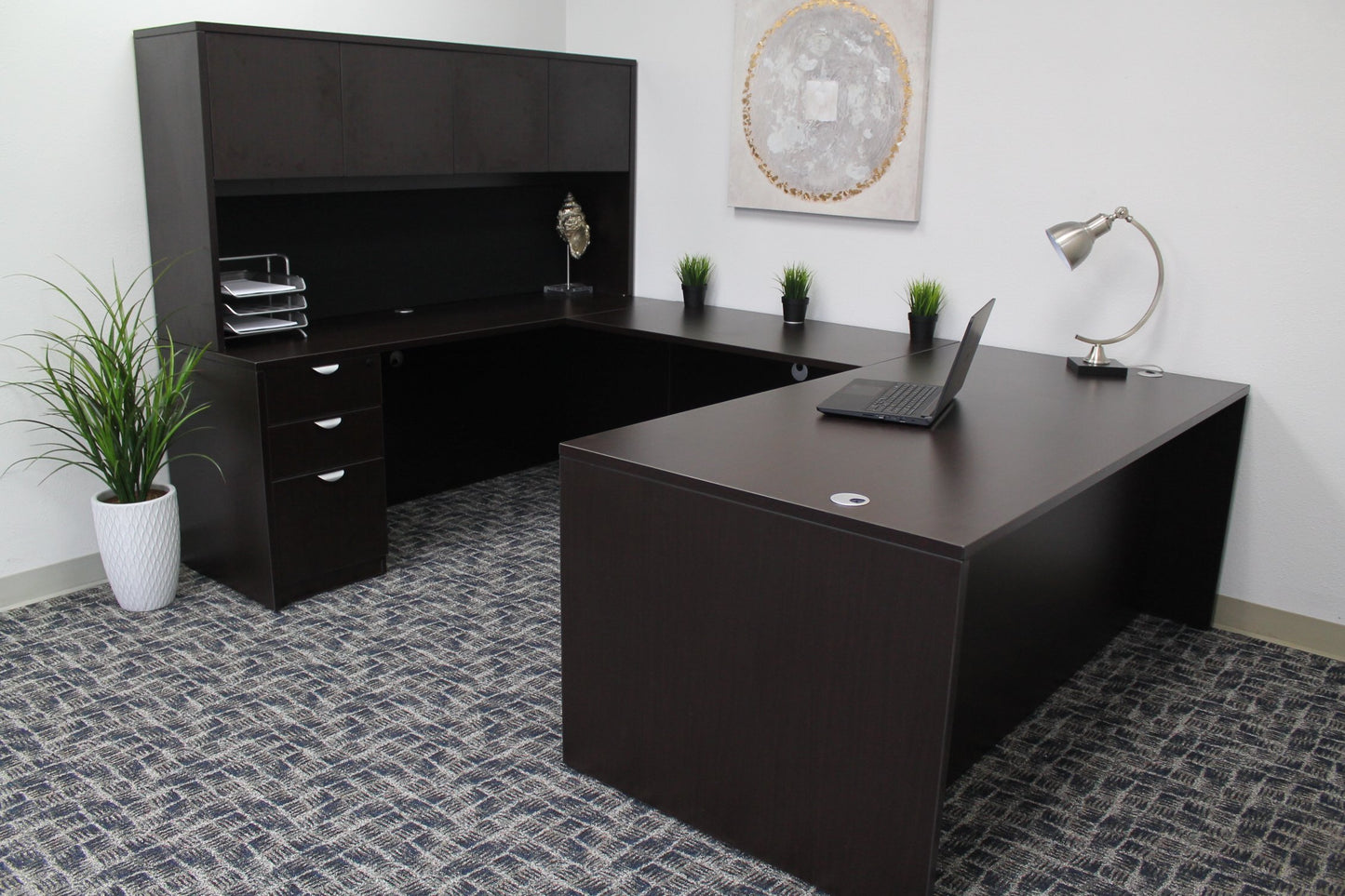 Boss Office Products Holland 71" Executive U-Shape Desk with File Storage Pedestal and Hutch, Mocha