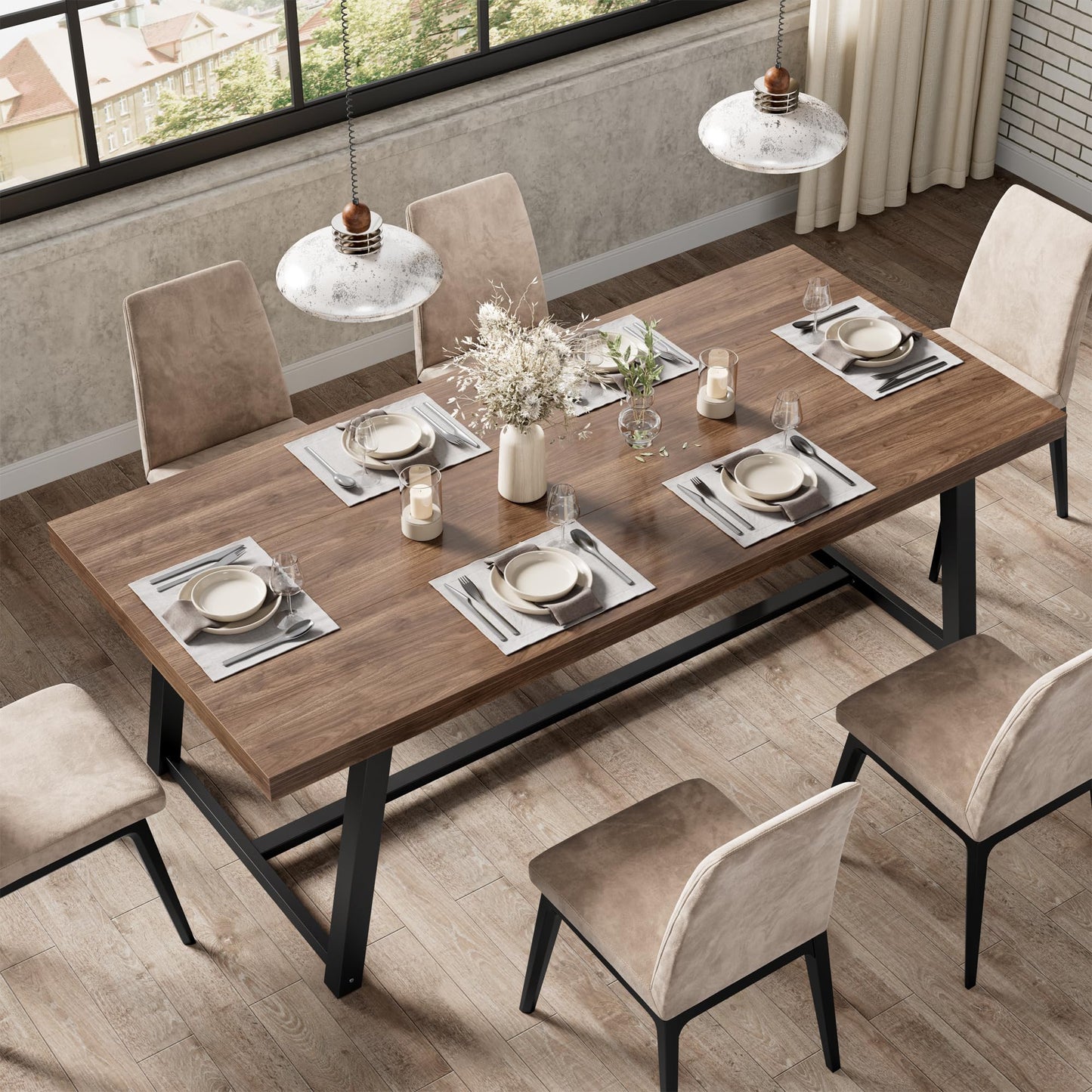 IRONCK 71" Dining Table for 6-8 People, Industrial Kitchen Table with Sturdy Metal Frame, Rectangular Brown Wood Dinner Table for Dining Room