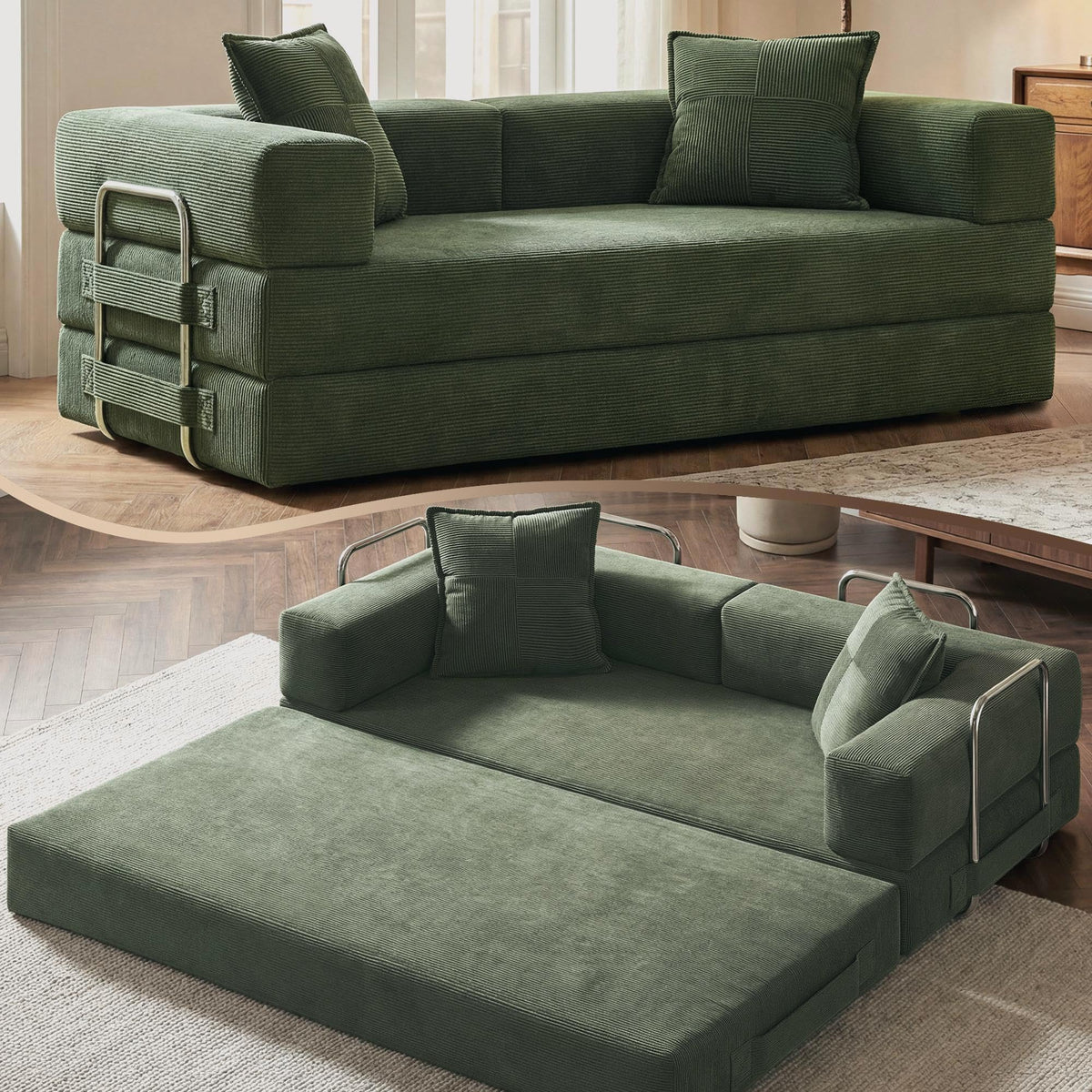 78" 5-in-1 Convertible Futon Sofa Bed, Boneless Corduroy, Green