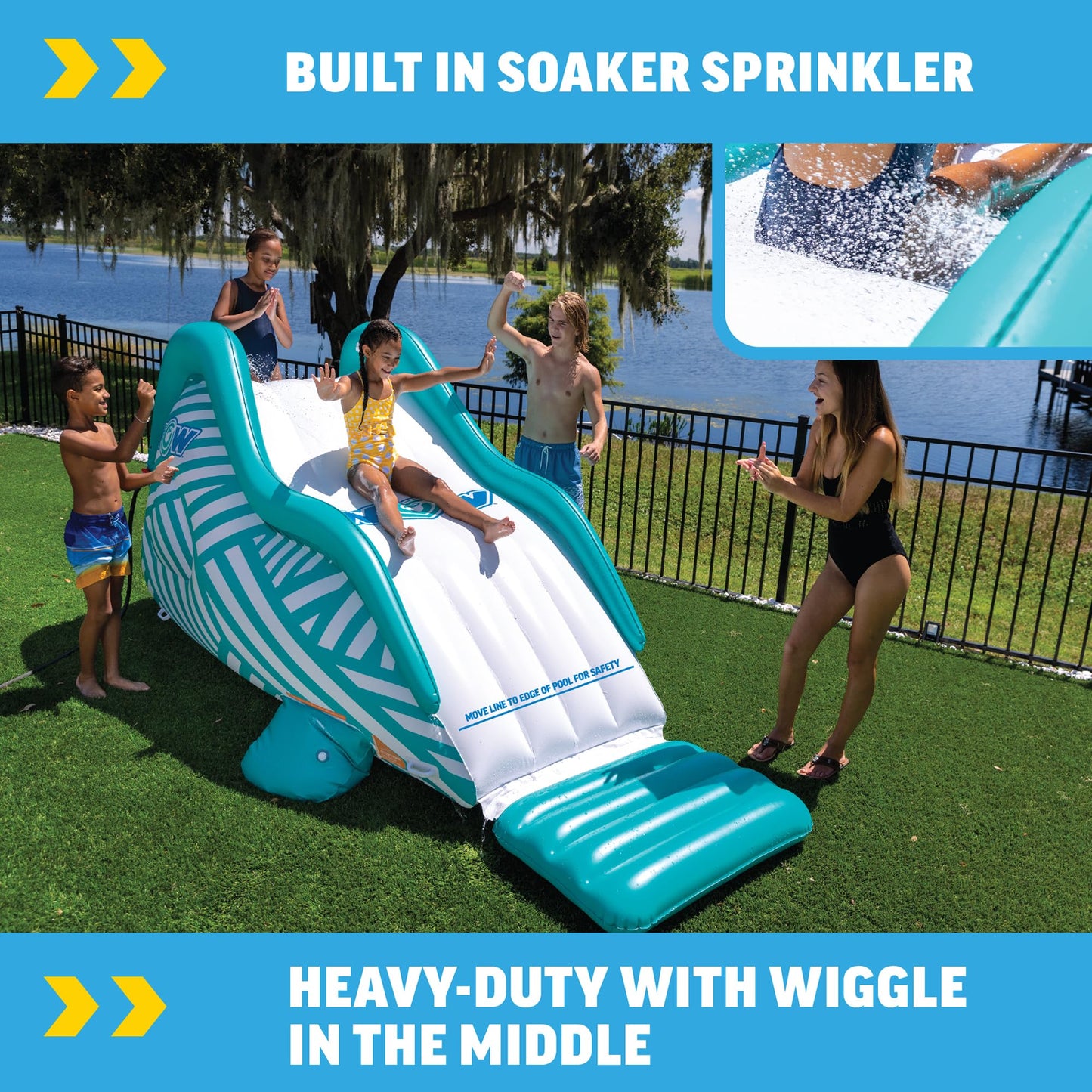 WOW Sports Wiggler Inflatable Sprinkler Slide with Center Bump - Garden Hose Attachment - Backyard Water Play - Kids & Adults