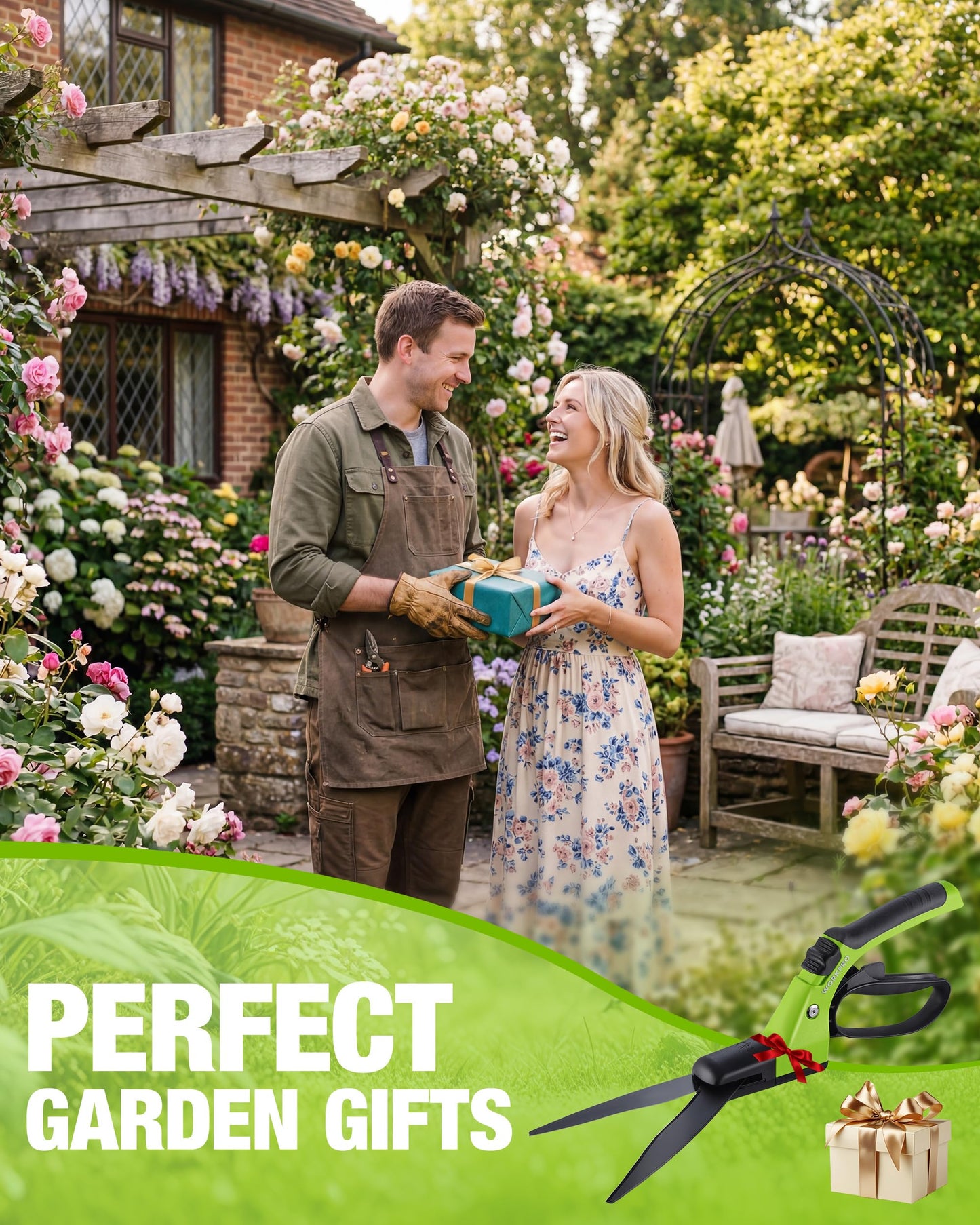 WORKPRO Grass Shears Handheld, Ultra-Sharp Grass Clippers with 360 Degree Swivel Blades, Manual Grass Cutter with TPR Coated Handle, 15 Inch Garden Shears, Gardening Scissors for Precise Lawn Trimming