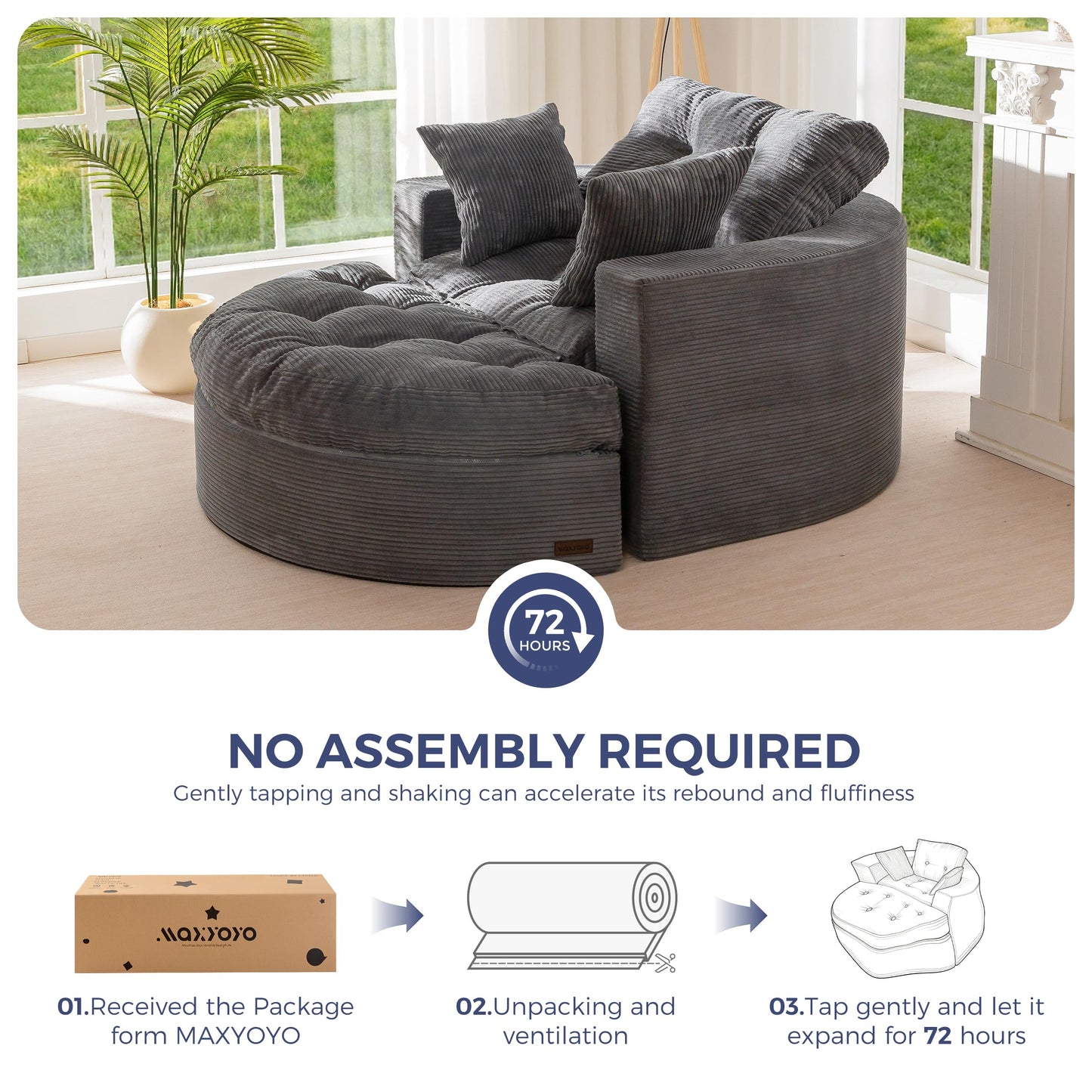 MAXYOYO Oversized Round Chaise Lounge Sofa, Upholstered Lounge Chair with 3 Pillows, Boneless Sofa Couch with Ottoman, Deep Seat Chair for Living Room, Bedroom, No Assembly, Dark Grey