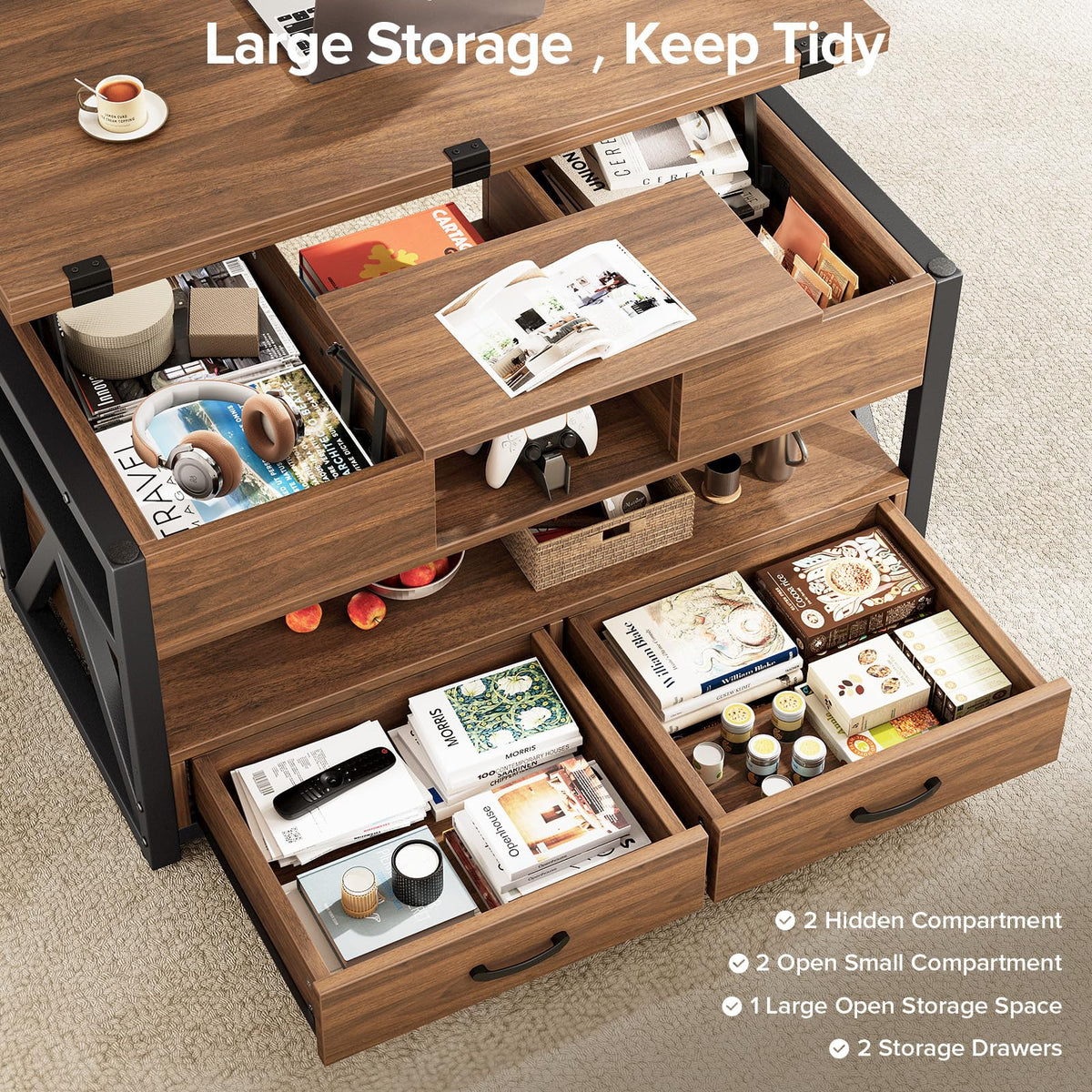 Memobarco 40" Lift Top Coffee Table with Storage,Walnut