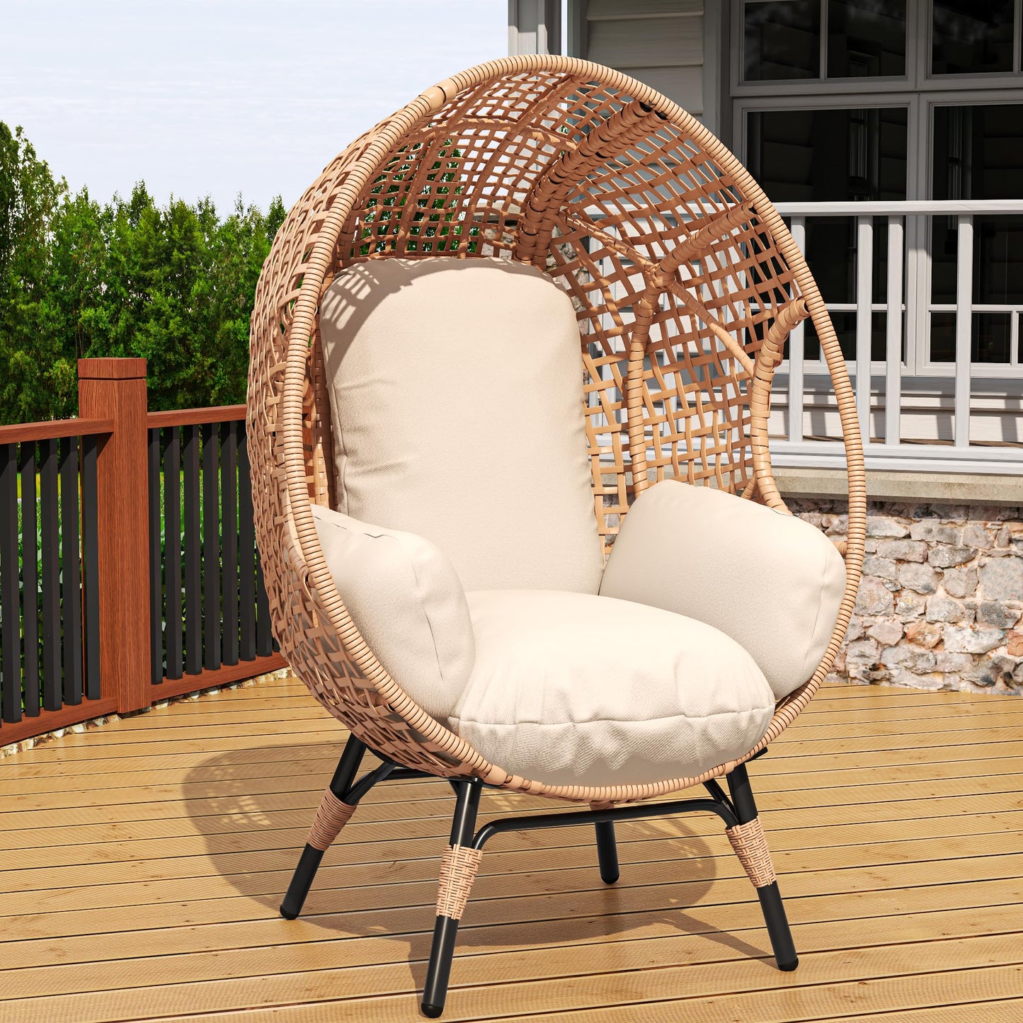 Elegant Arc Back Hanging Egg Chair, 400lb Capacity Patio Swing with 8-Inch Cushion, PE Rattan Outdoor Indoor Chair for Garden Lounge