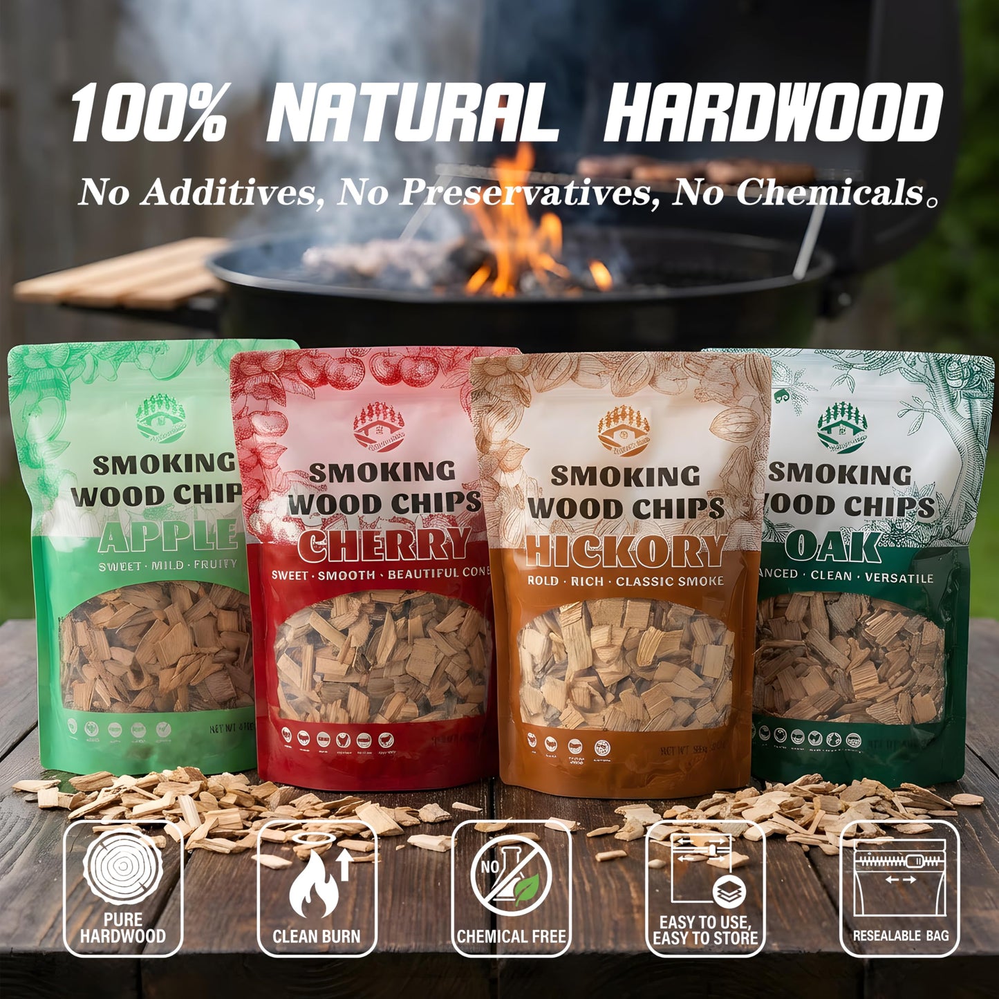 Smoking Wood Chips Variety Pack – Apple, Cherry, Hickory & Oak, 4 Flavors, 1.6 lb Each, Wood Chips for Smoker, All-Natural Hardwood Wood Chips, Smoker Wood Chips for BBQ, Gas & Charcoal Grills