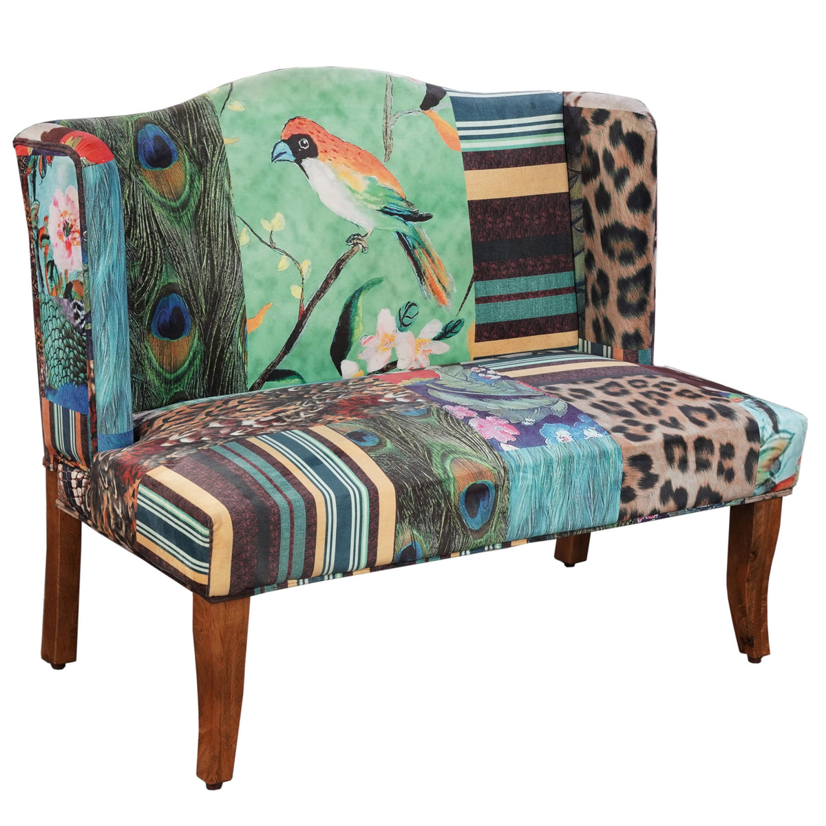 Benzara Vesta Bird Collage Print Settee, Multicolor Upholstery