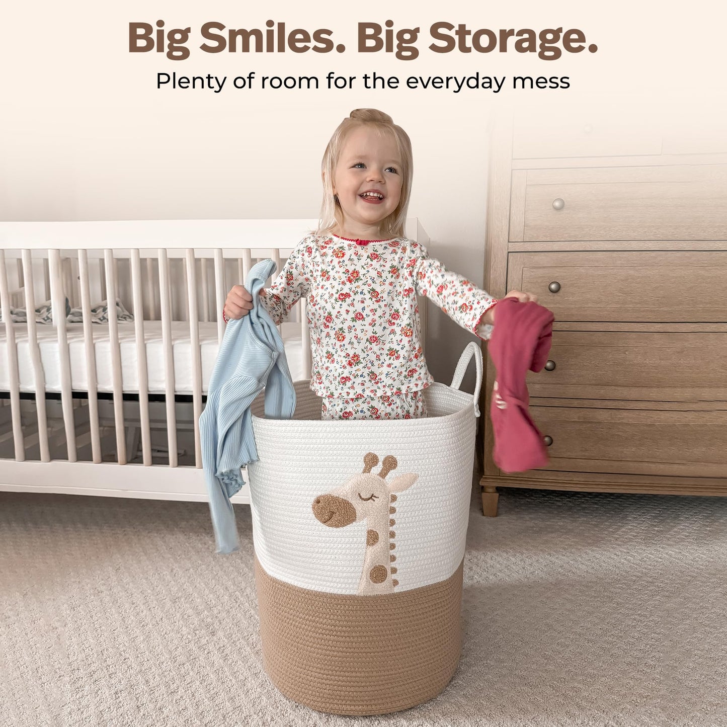 Baby Laundry Basket & Nursery Hamper – 20"x15" Large Giraffe Baby Hamper for Nursery Decor, Tall Woven Rope Dirty Clothes Laundry Hamper with Handles, Safari Animal Baby Room Storage Bin (White & Tan)