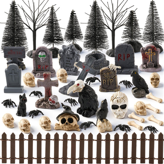 JOYIN 61 Pcs Halloween Village Accessories Set Miniature Graveyard Decorations, Mini Tombstones, Crows, Black Cat, Skulls, Spiders, Fence and Trees for Halloween Town Mini Scene Garden Dollhouse Decor