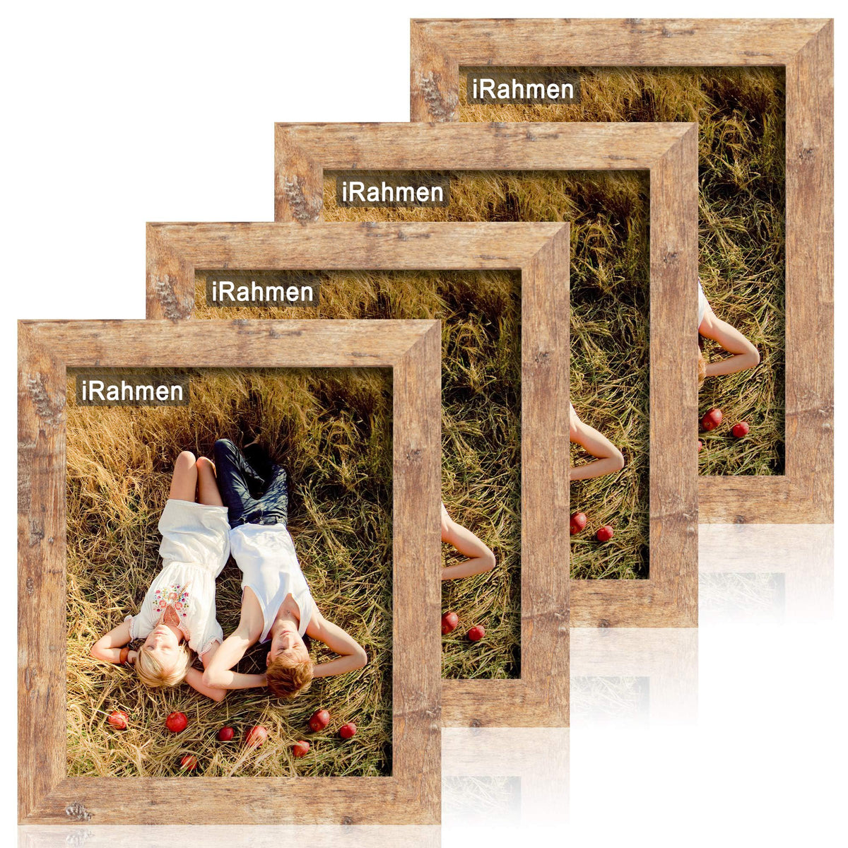iRahmen 8x10 Picture Frame Set of 4, High Definition Real Glass Rustic Brown Frame, 8 x 10 Wood Photo Frames for Desktop Display and Wall Mounting