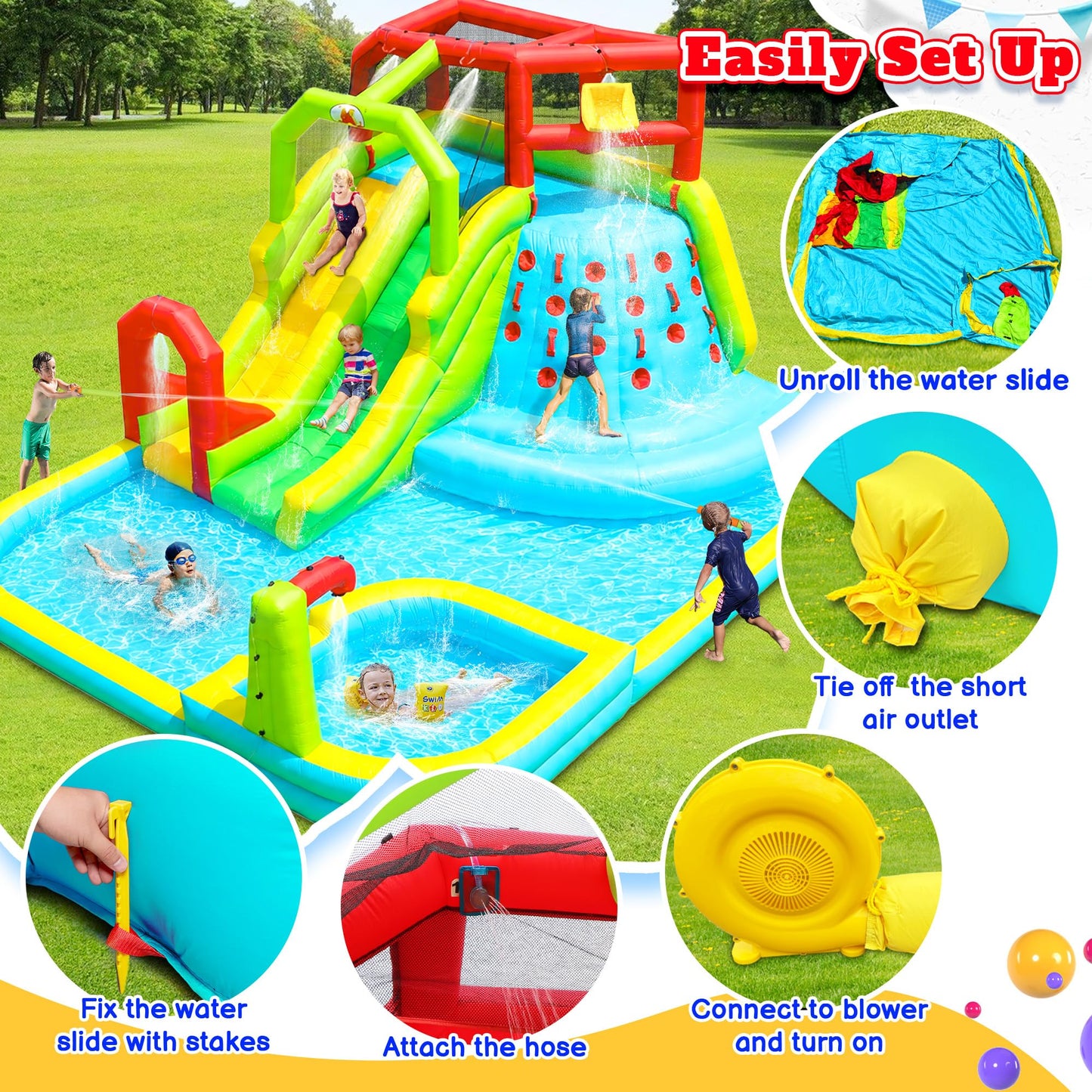WELLFUNTIME Inflatable Water Slide Park, Bouncy Castle with Deep Pool, 191 x 157.5 x 100 Inch, Jumping Castle with Air Blower