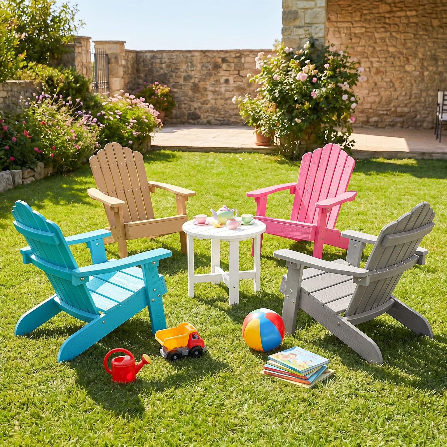 Costzon Kids Adirondack Chair, All-Weather HIPS Toddler Outdoor Chair, Wooden Textured Plastic Fire Pit Chair, Kids Patio Chair for Backyard Lawn Garden, Fits Children Age 3-7 Years (1, Gray)