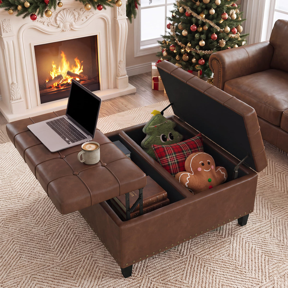 FiveWillowise 31.5 Inch Large Square Ottoman with Storage,Faux Leather