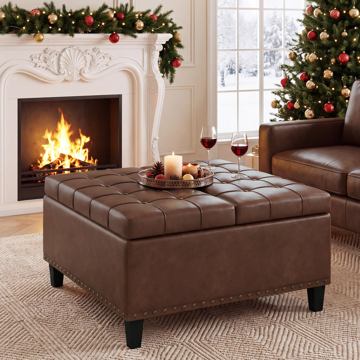 FiveWillowise 31.5 Inch Large Square Ottoman with Storage,Faux Leather