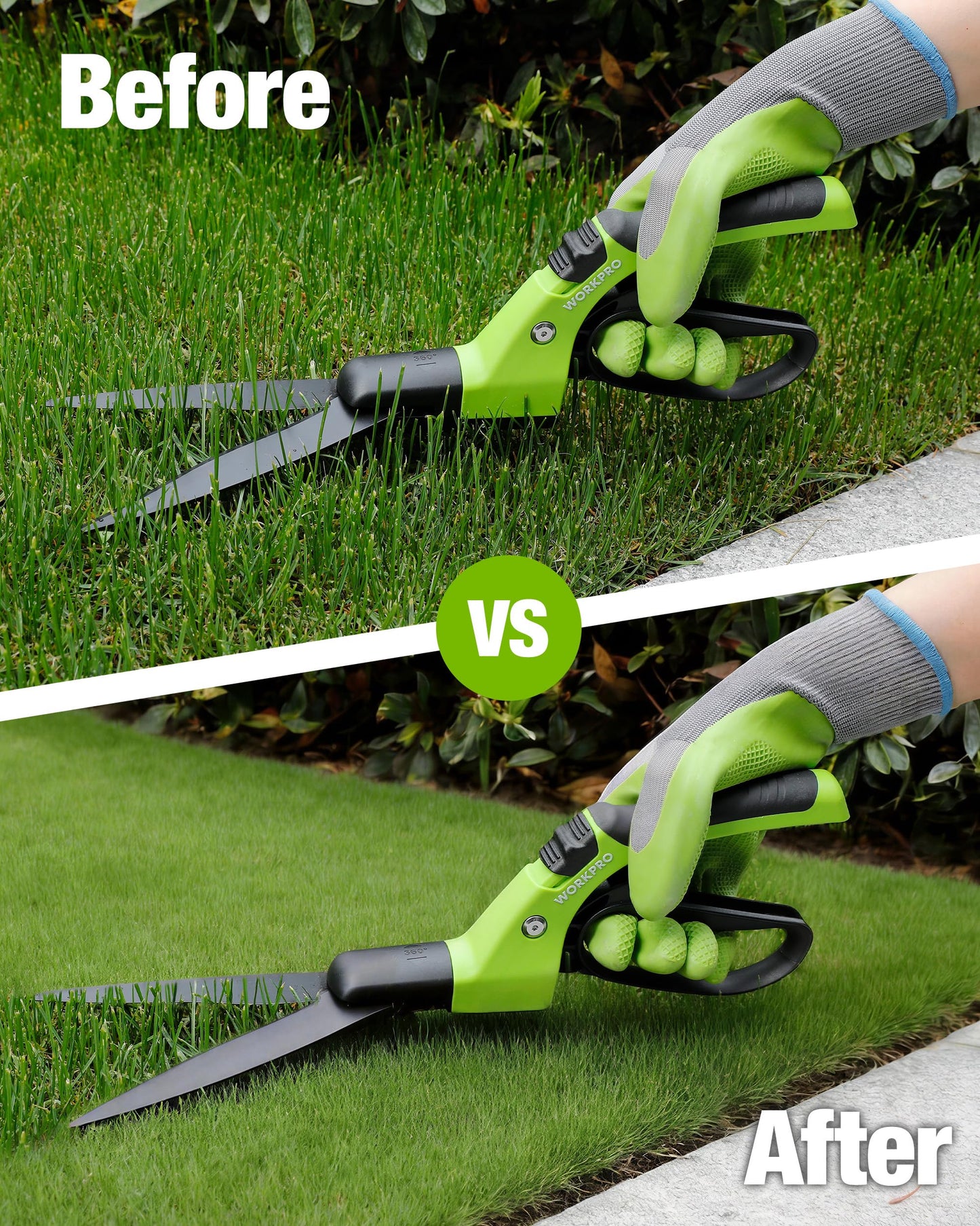 WORKPRO Grass Shears Handheld, Ultra-Sharp Grass Clippers with 360 Degree Swivel Blades, Manual Grass Cutter with TPR Coated Handle, 15 Inch Garden Shears, Gardening Scissors for Precise Lawn Trimming