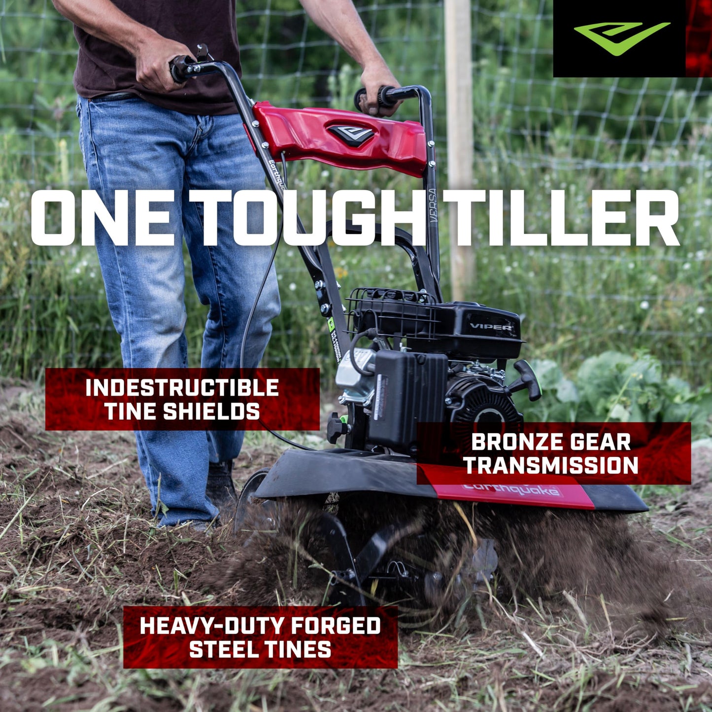 Earthquake 20015 Versa 2-in-1 Tiller Cultivator with a 99cc 4-Cycle Viper Engine, 2-in-1 Front Tine Tiller and Cultivator, Removable Side Shields and Outer Tines