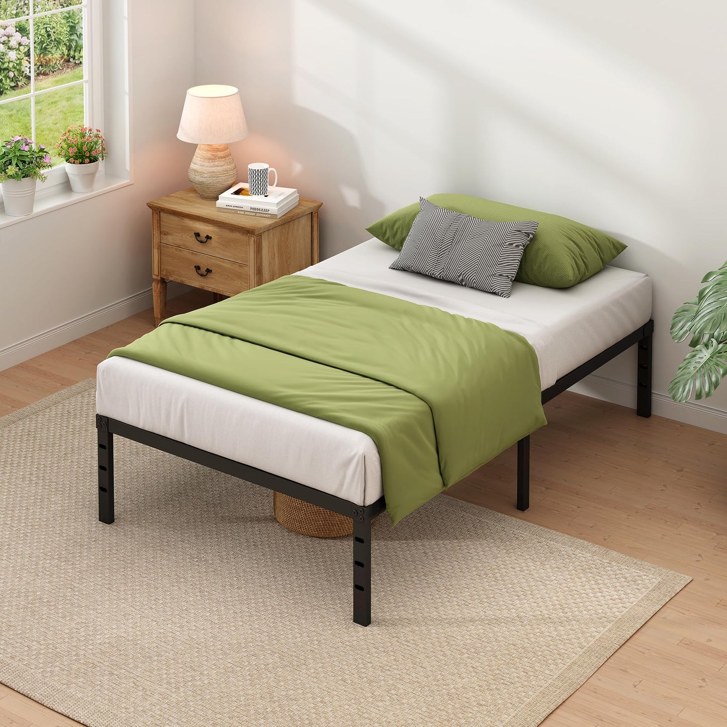 NEW JETO Metal Bed Frame,Twin Size Bed Frame with Storage Space,Heavy Duty Sturdy Mattress Foundation,Easy Assembly,No Box Spring Needed, Black,18 Inch,Twin
