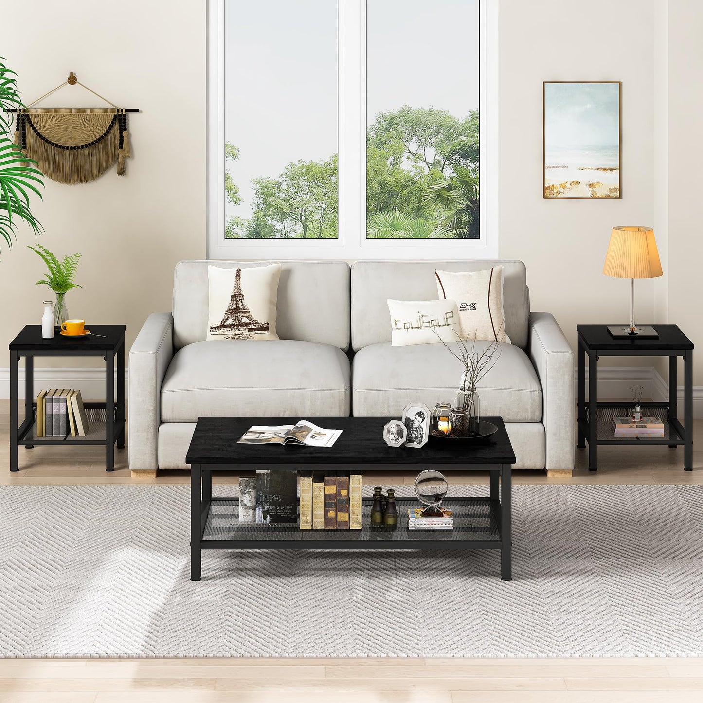 furlinkhm Coffee Table Set of 3, Industrial Coffee Table with 2 Square End Side Tables, Modern Living Room Table Set, with Metal Frame, for Apartment Home Office, Black