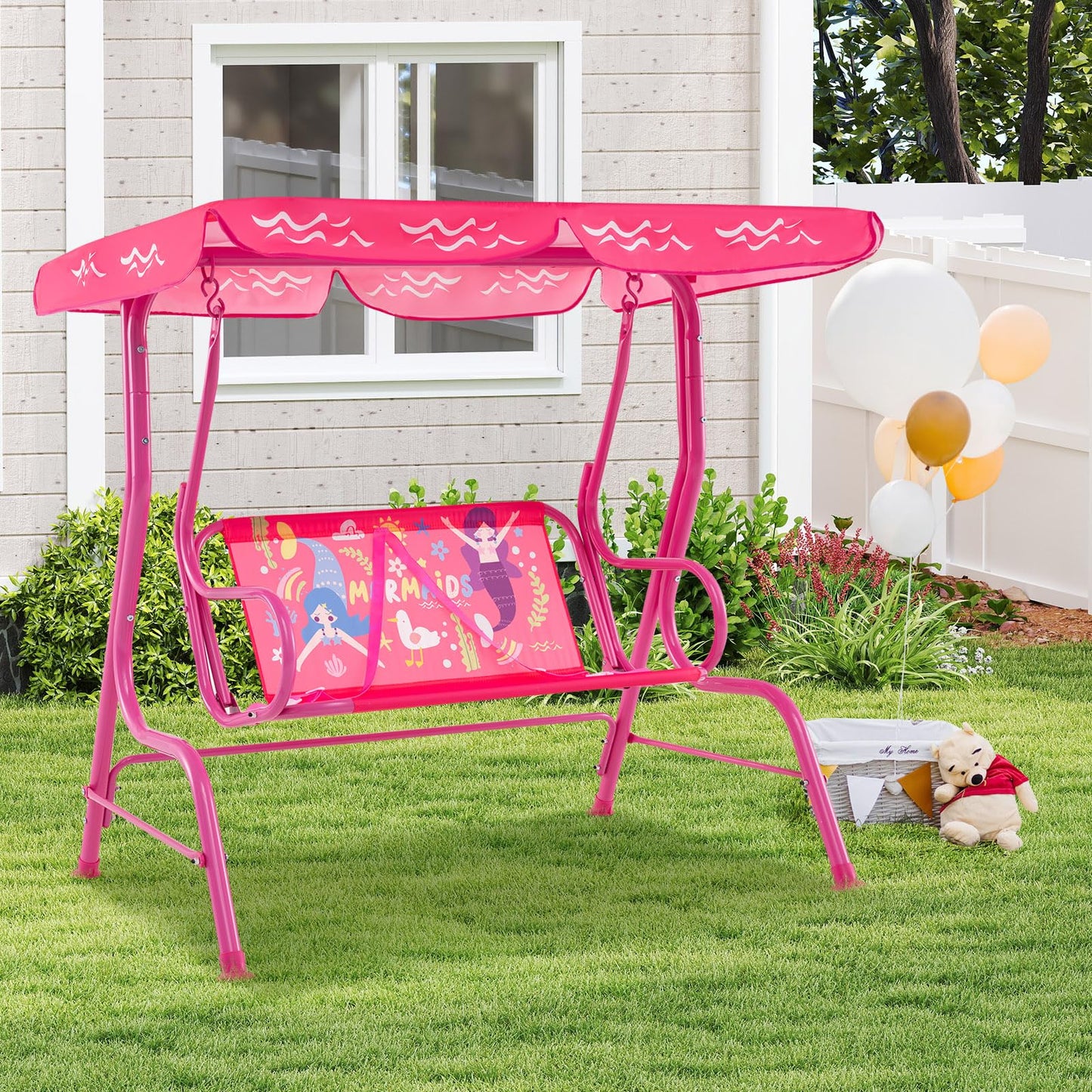 Costzon Kids Porch Swing, All-Weather Patio Swing Bench Hammock w/Adjustable Canopy & Safety Belts for 2 Children, Outdoor Swing for Backyard Garden Balcony Poolside (Pink, Mermaid)