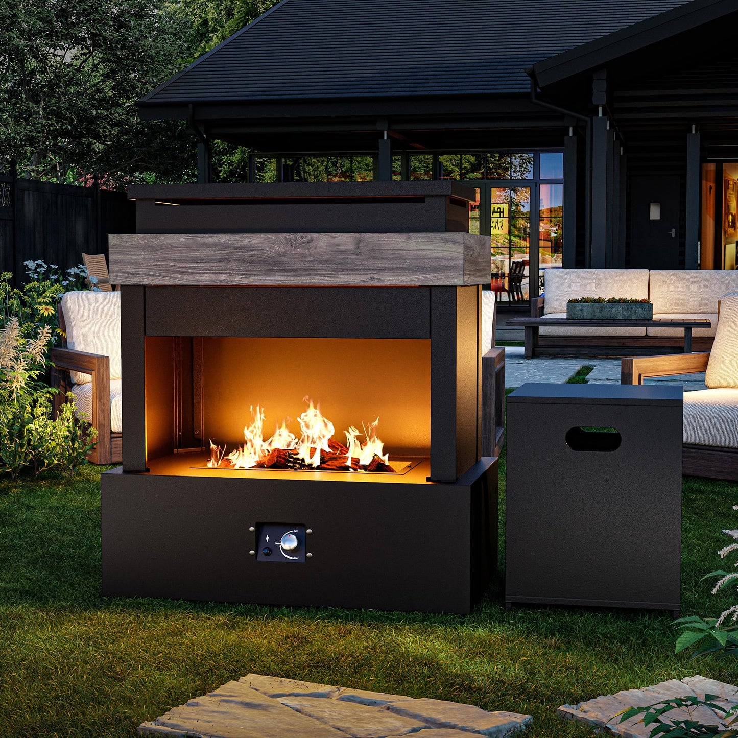 MaxMulti Outdoor Propane Fireplace w Tank Table, 50,000 BTU Gas Fire Pit with Ceramic Logs, Rain Cover, 35 Inch Steel Metal Smokeless Fireplace for Patio, Deck, CSA Certified (35 x 40 Inch)