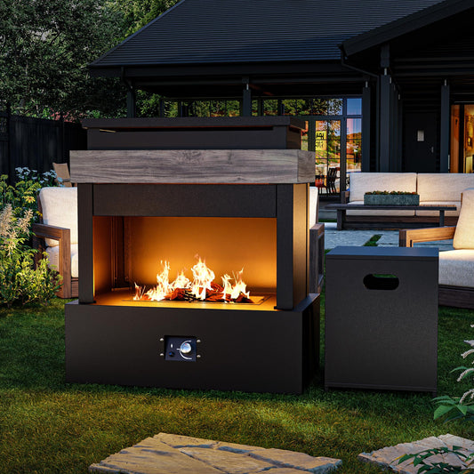 MaxMulti Outdoor Propane Fireplace w Tank Table, 50,000 BTU Gas Fire Pit with Ceramic Logs, Rain Cover, 35 Inch Steel Metal Smokeless Fireplace for Patio, Deck, CSA Certified (35 x 40 Inch)