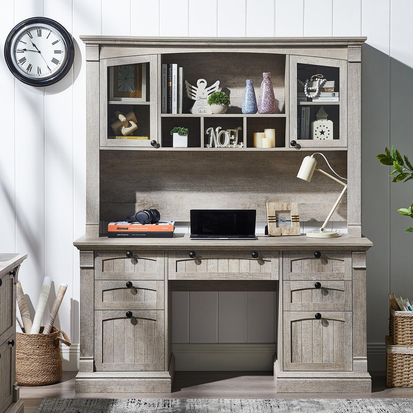 OKD 60" Farmhouse Desk Hutch, Glass Door Storage Cabinet, Gray Oak