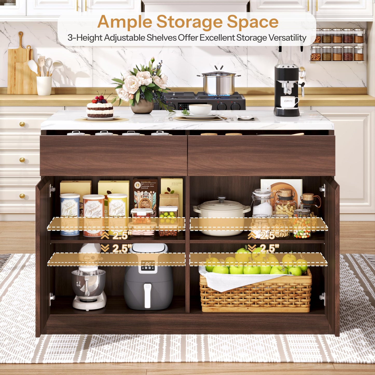 Kitchen Island with Storage, 47.2" Large Faux Marble Countertop Kitchen Island with 2 Drawers and Adjustable Shelves, Coffee Bar Station, Beveled Edge Door Cabinet, Dining Table for 2-4 People, Walnut