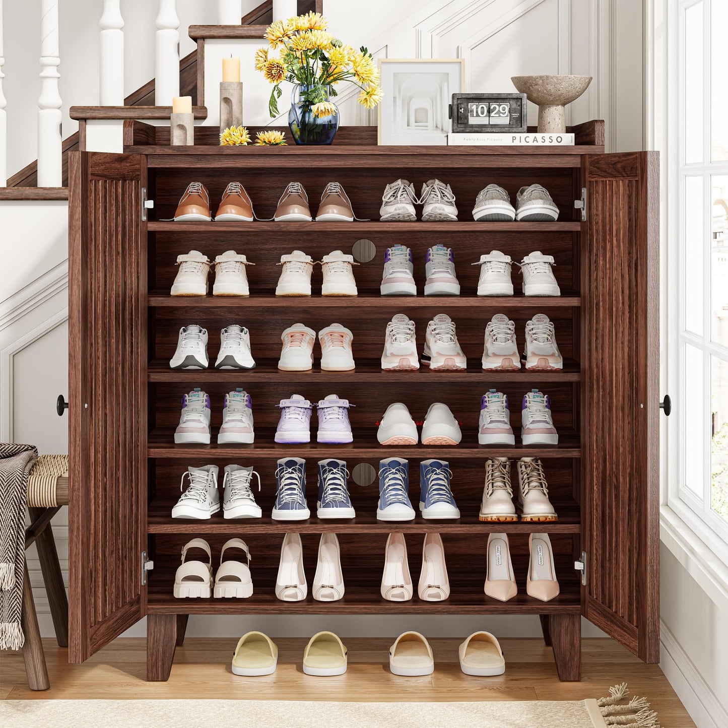 IRONCK Shoe Cabinet with Slatted Doors, 6-Tier Shoe Storage Cabinet with Adjustable Shelves, Wooden Shoe Rack Organizer for Entryway, Hallway, Closet, Living Room, Walnut