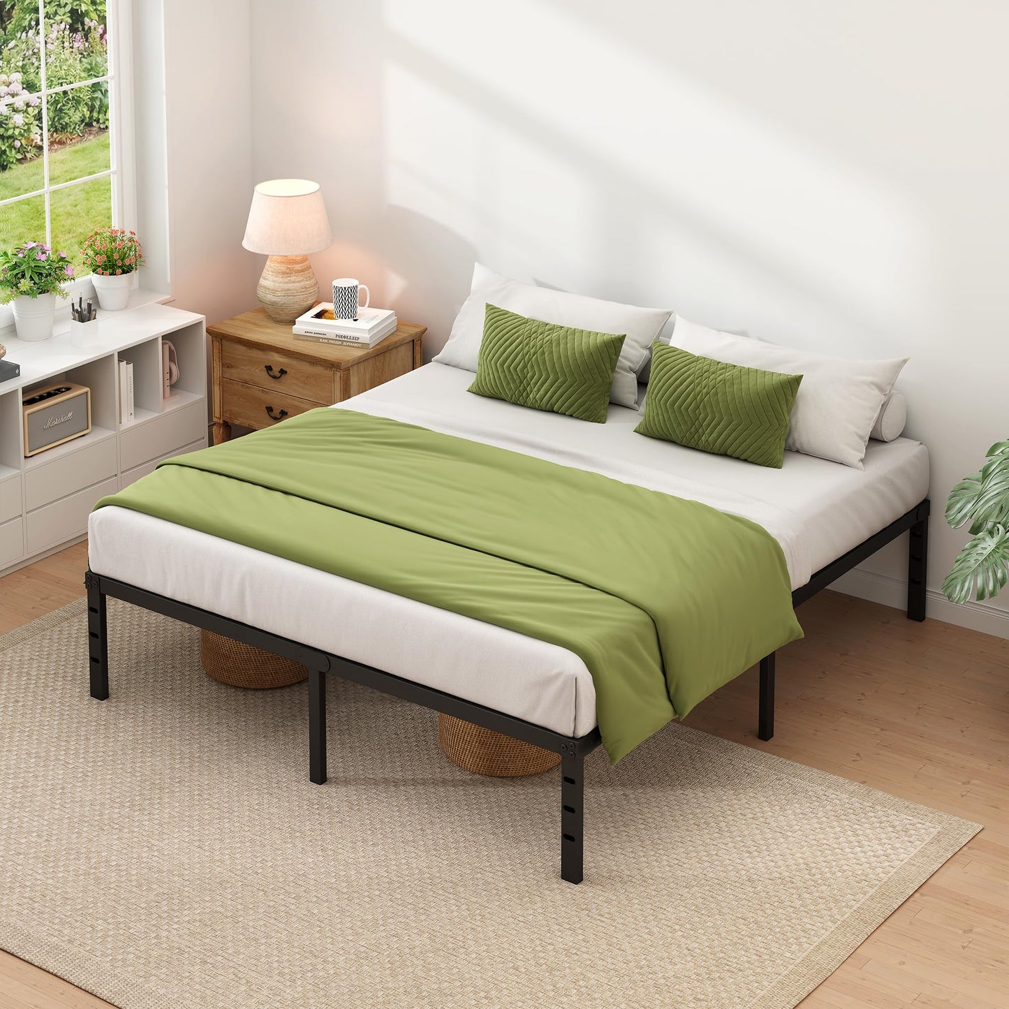 NEW JETO Metal Bed Frame,Queen Size Bed Frame with Storage Space,Heavy Duty Sturdy Mattress Foundation,Easy Assembly,No Box Spring Needed, Black,18 Inch,Queen