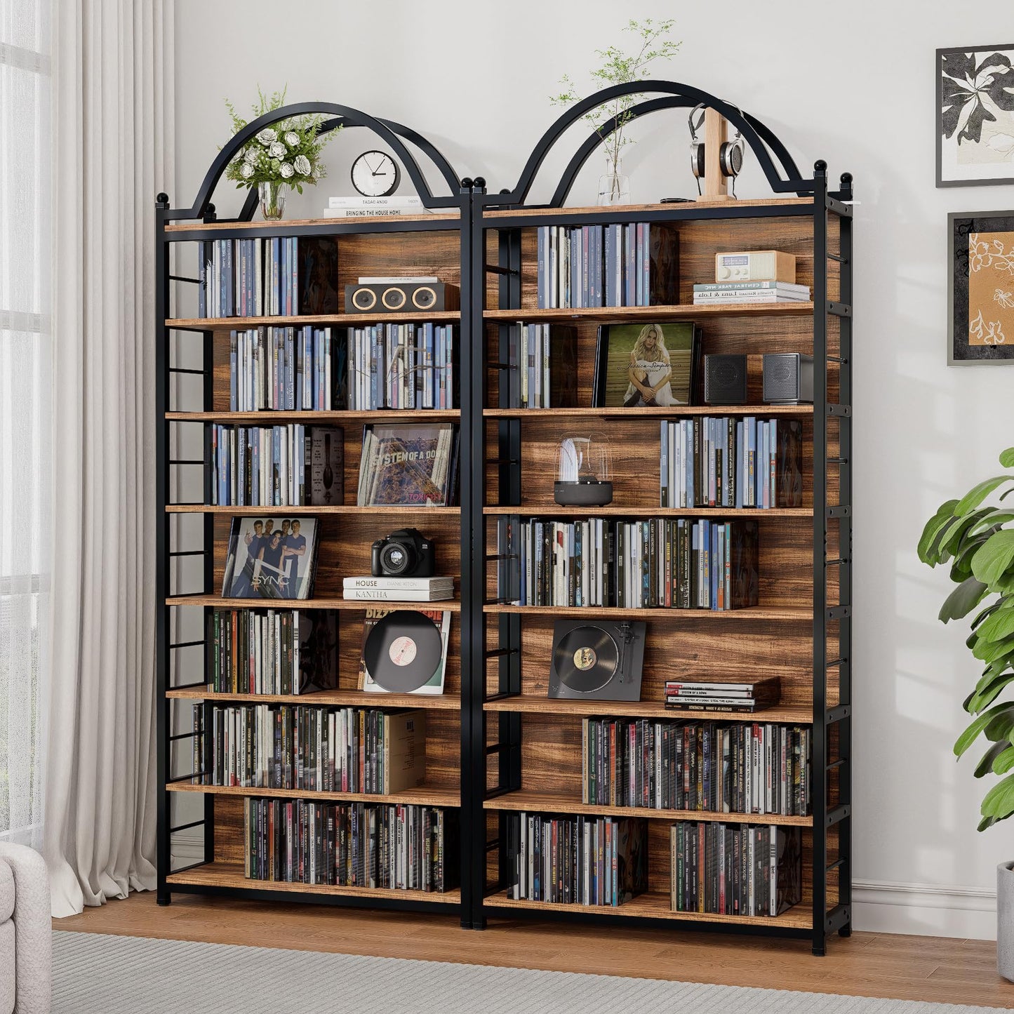 MUVJUG CD Storage Rack Holds 400+ CDs, 8-Tier CD DVD Storage Tower Organizer, Large Media Storage Shelf with Adjustable Feet for Living Room Bedroom Home Entertainment, Rustic Brown