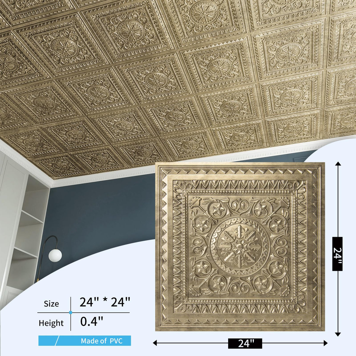 Art3d 12-Pack PVC Drop Ceiling Tiles, 2 x 2 ft, Antique Gold