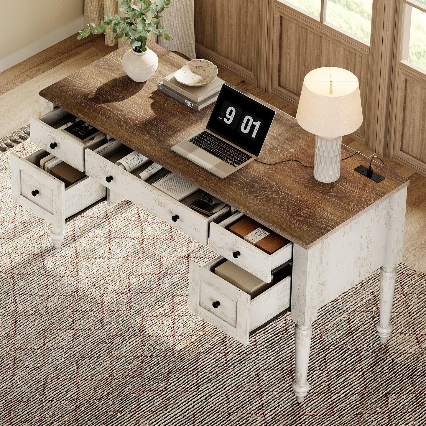 WAMPAT Home Office Furniture Set, 56" Executive Desk with Charging Station, 72" Tall Bookcase with 3 Drawers, Wood Computer Desk with File Cabinet, Open Shelf, Rustic White