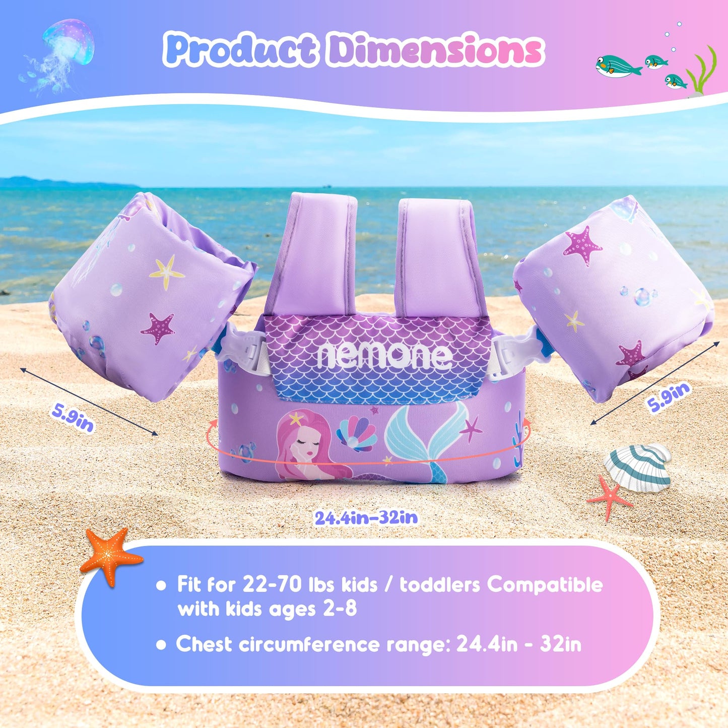 NEMONE Toddler Swim Vest for 22-70 lbs Kids Floaties Swim Jacket with Arm Water Wings for Girls Boys 2 3 4 5 6 10 Years Old Sea Beach Pool (Purple Mermaid)