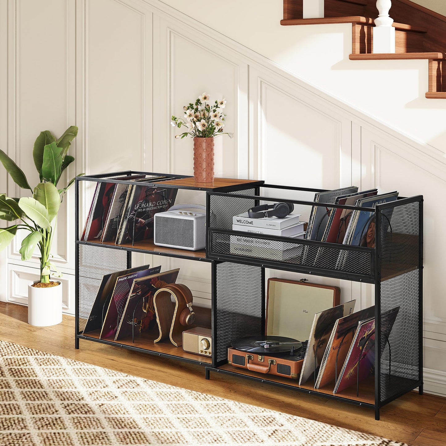 MAHYIZYI Record Player Stand with Vinyl Storage Cabinet, Stretchable 32-63'' Turntable Table Open Shelf Up to 450 Albums, Cube Storage Organizer for Living Room, Music room