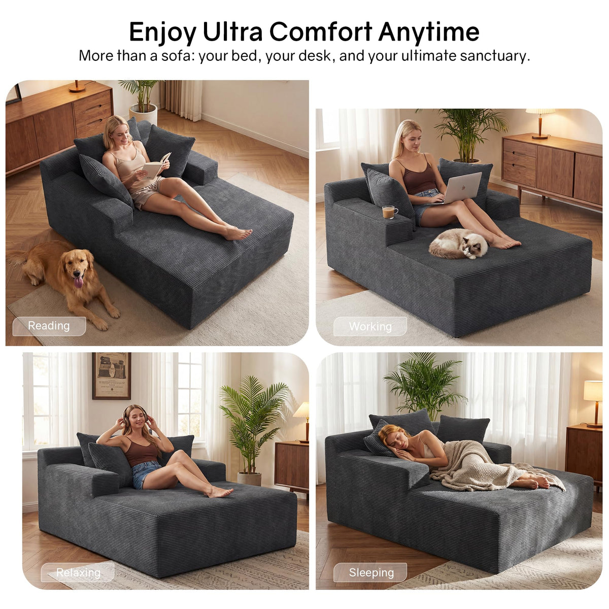 66" Chaise Lounge Chair Indoor, Oversized Boneless Lounge Chair with 3 Pillows, Cloud Reading Chair for Living Room Bedroom, Deep Seat Sleeper Couch, No Assembly Required