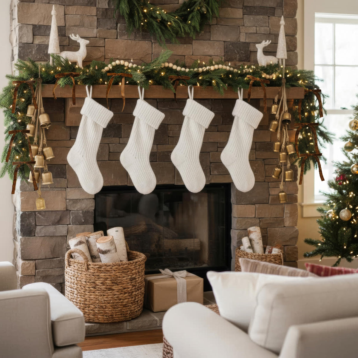 Rustic Golden Christmas Bell Ornaments & Velvet Bows - Set of 10