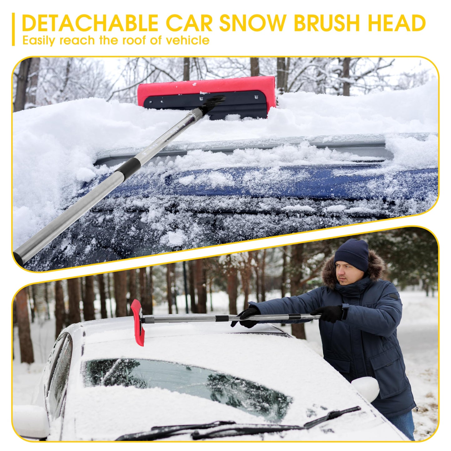 2-in-1 Leaf Roof Brush and Snow Rake, Roof Cleaning Brush & Leaf Removal Tool, Adjustable 5-20ft Cleaning Brush Tool for Cleaning Shingles, Solar Panels, Car Tops with No-Scratch Head