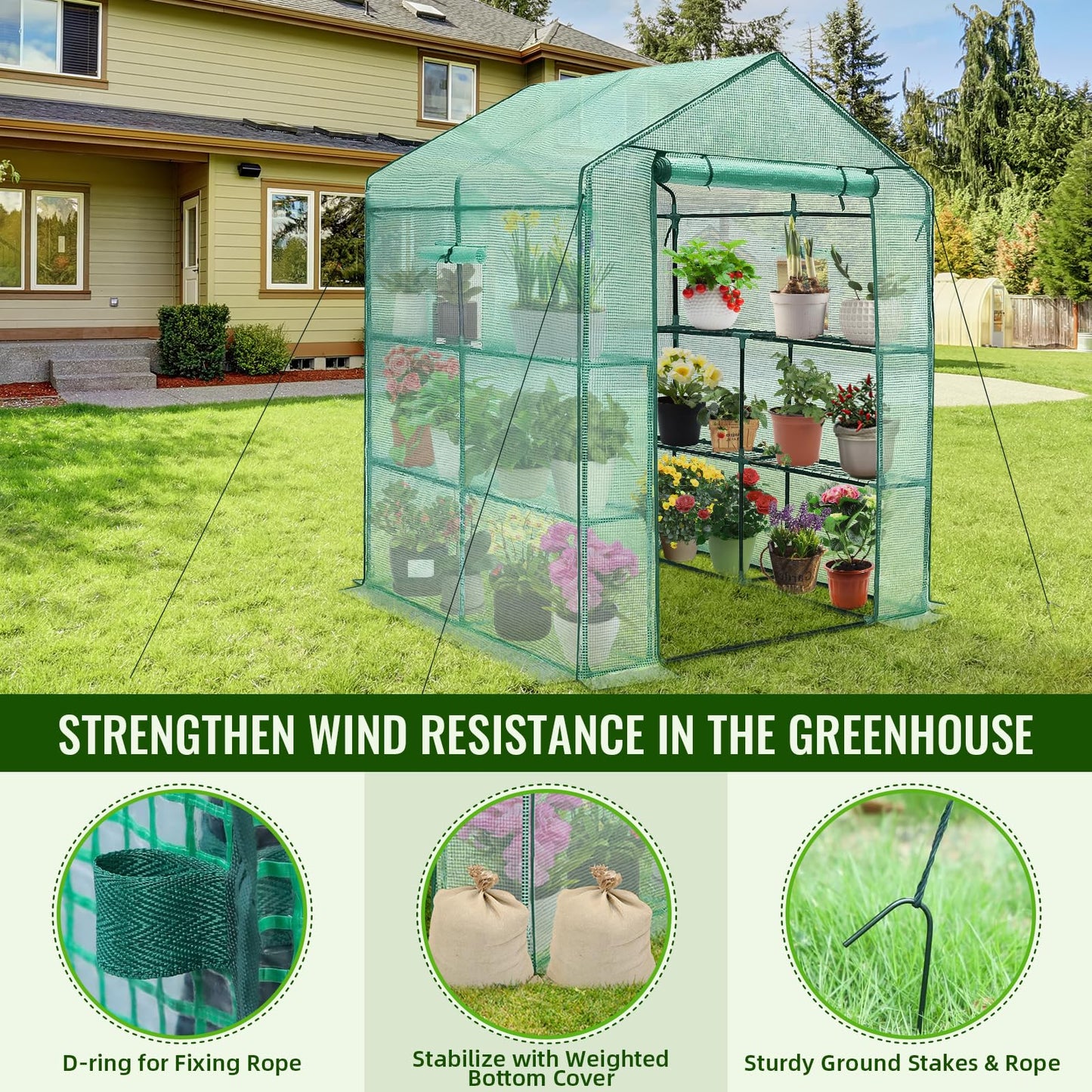 Greengro Greenhouse, 57 x 57 x 76'' Greenhouses for Outdoors, Portable Greenhouse Kit with Mesh Side Windows, PE Cover, 8 Shelves, Heavy Duty Walk in Green House for Backyard Garden Indoor Outside