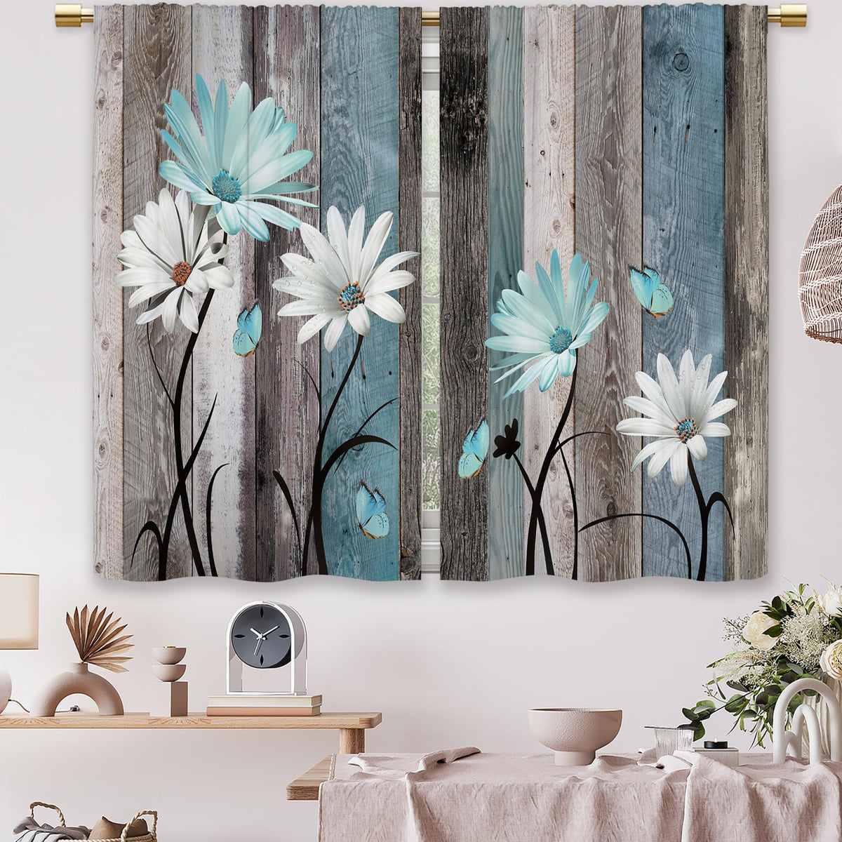 Laifzere Teal Farmhouse Daisy Kitchen Curtains Wooden Flower Small Short Cafe Window Curtains Rustic Floral Butterfly Country Bathroom Drapes Treatment Tier Curtains 2 Panels (27.5x39 Inch)