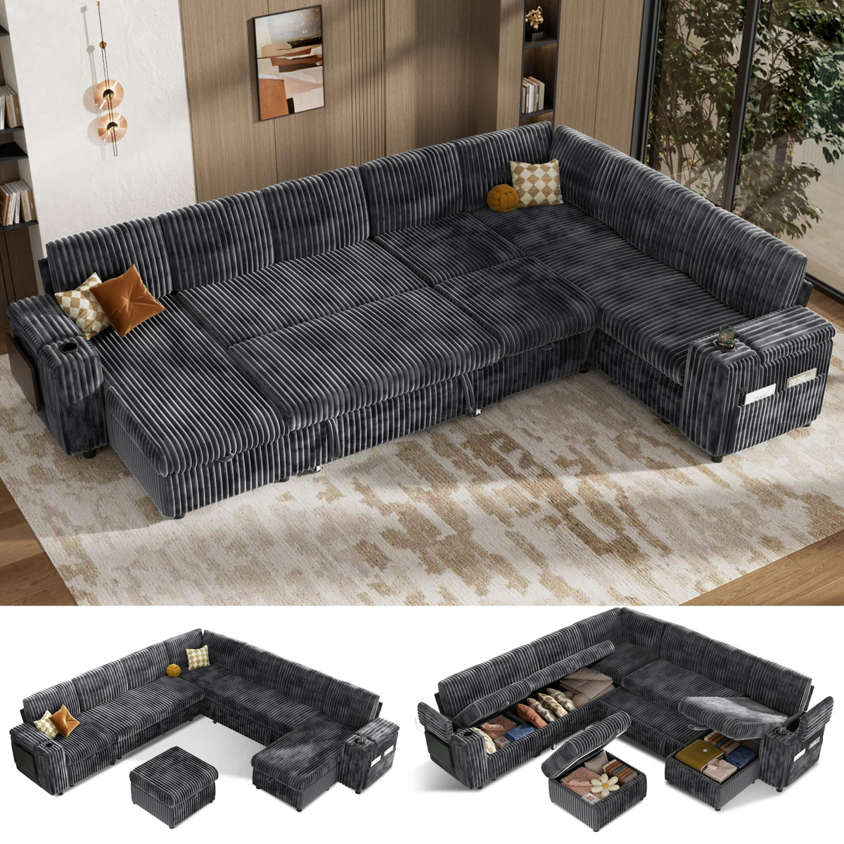 Sunny Heart 130" Modular Sectional Sleeper Sofa with Pull Out Bed, 9 Seat Corduroy L Shaped Couch with Ottoman and Chaise|USB Ports|Cup Holders|Side Table, Tool Free Assembly, Grey