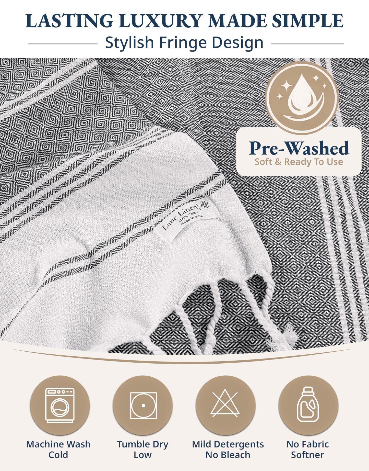 LANE LINEN Pool Towels, Turkish Beach Towels Oversized Set of 6, Pre-Washed,No Shrink, Quick Dry Travel Towel,Stylish Beach Towel for Women, Absorbent & Sand Free Towel, 39"x71"