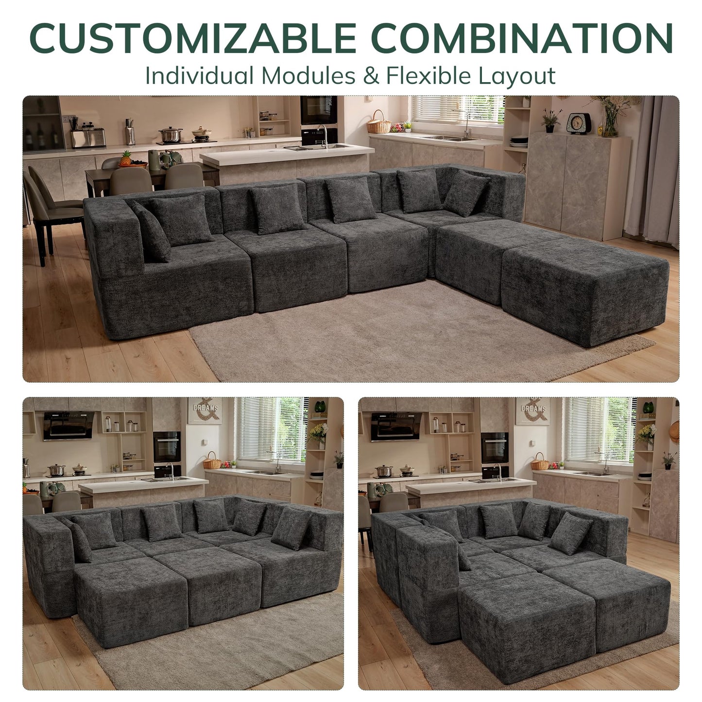 MONVANE Modular Sectional Cloud Couch for Living Room - 130'' 6 Seater Convertible Chenille Couches Set with Ottoman, No Assembly Compression Sofas, Comfy Floor Sofa with Memory Foam, Grey