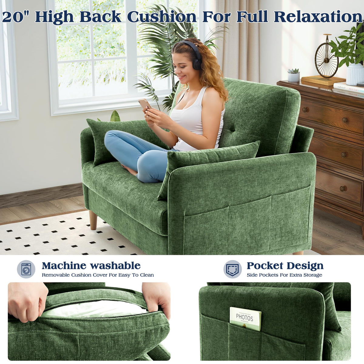 Hanherry Loveseat Sofa, 47” Small Couch for Living Room, Comfy Chenille Fabric Love Seat for Bedroom with Throw Pillow,Removable Cushion Cover,Couches for Small Space,Apartment,Dorm