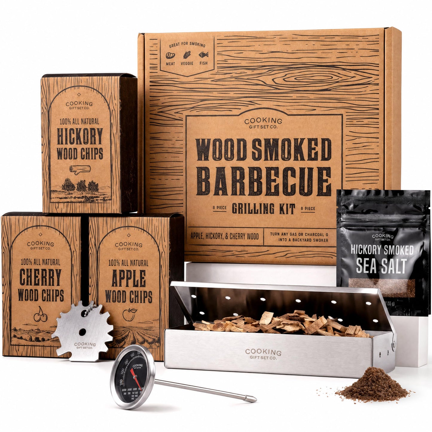 Grilling Accessories BBQ Smoker Box Grill Kit - Stainless Steel Smoke Box for Gas Grill and Charcoal with Wood Chips, Meat Thermometer and Scraper - Complete Outdoor BBQ Accessories Gift Set for Men