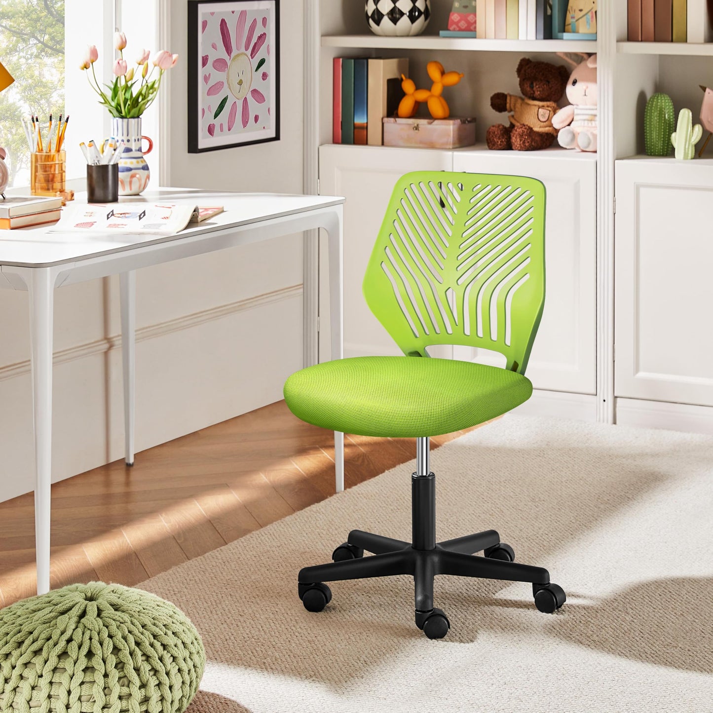 Yaheetech Kids Cute Desk Chair Armless Small Computer Chair with Lumbar Support for Teens Low-Back Bedroom School, Green