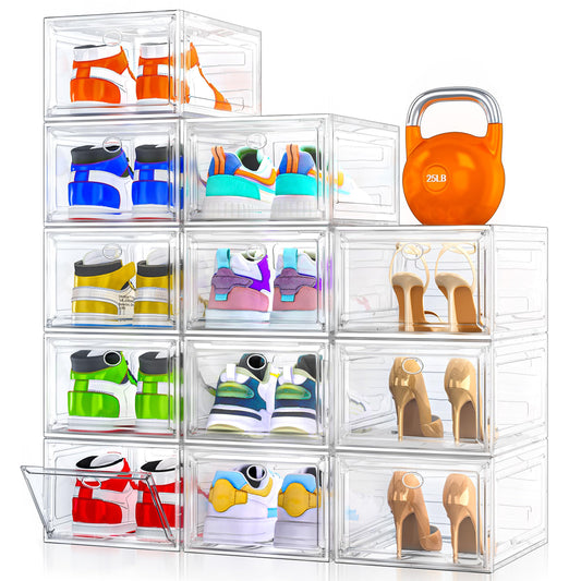 12 Pack Clear Shoe Storage Organizer with Magnetic Door,Stackable Plastic Shoe Boxes for Sneakers,Boots,and Heels,Space-Saving Foldable Shoe Rack for Closet,Durable Shoe Cabinet Organizer,White