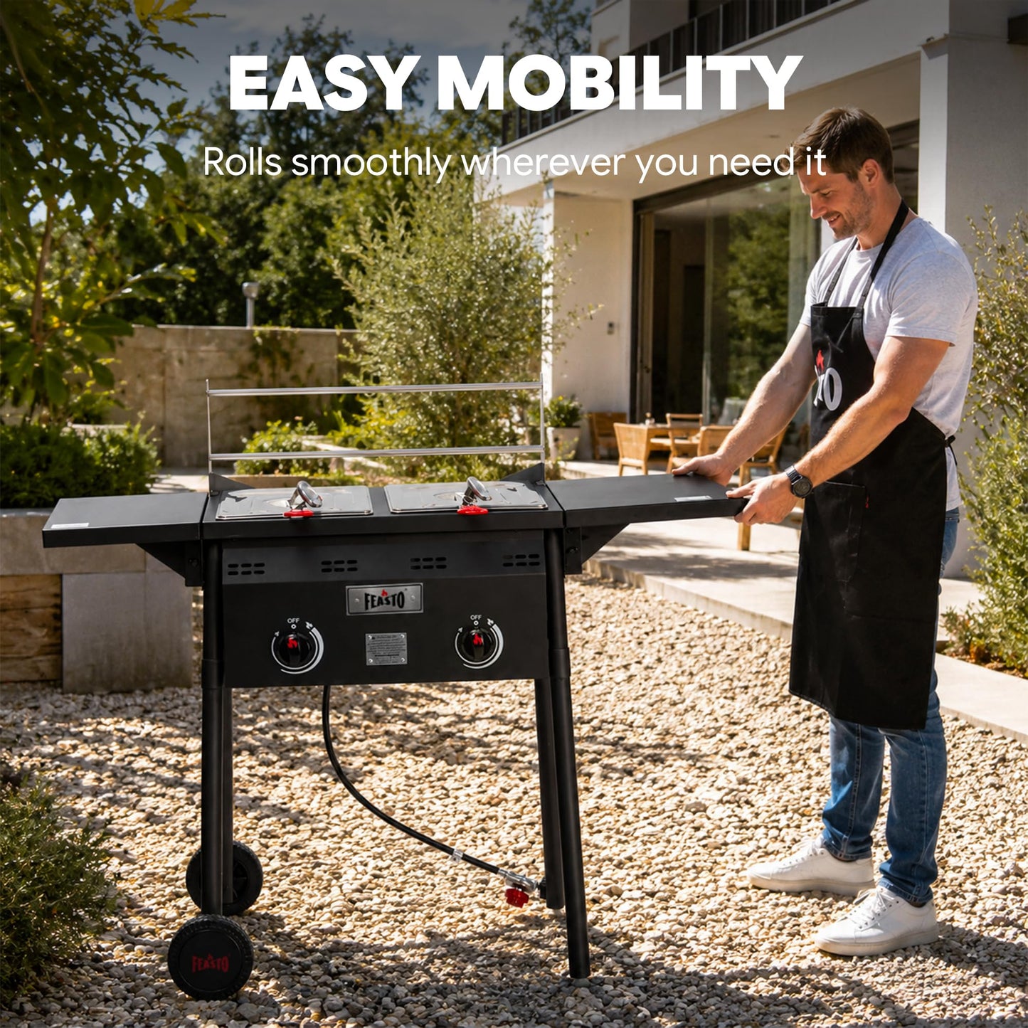 Feasto Outdoor Propane Deep Fryer with Rolling Cart, Dual Tank Fish Fryer with 2 Independent Burners, 100,000 BTU, 4-Gal Oil Capacity, Frying Station with Baskets for Fish, Fries & Chicken