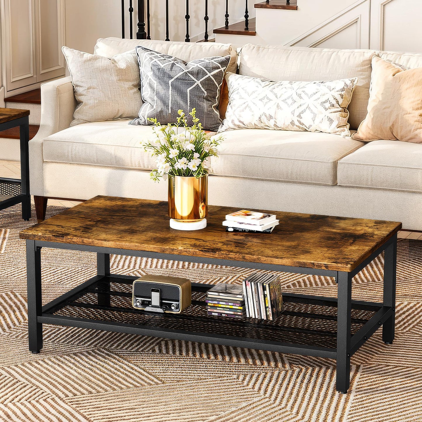 AWQM Coffee Table Industrial Coffee Table with 2 Square End Side Tables, Modern Living Room Table Set with Metal Frame for Apartment Home Office, Rustic Brown Set001