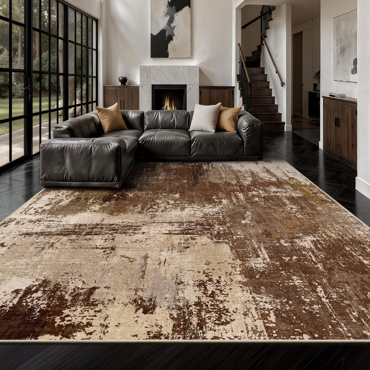 Yarooge 8x10 Rugs for Living Room - Modern Abstract Low Pile Washable Rug, Ultra Soft Non Slip Large Rugs, Floor Carpet for Bedroom Dining Room Office Laundry Nursery Home(Brown)