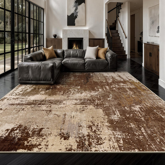 Yarooge 8x10 Rugs for Living Room - Modern Abstract Low Pile Washable Rug, Ultra Soft Non Slip Large Rugs, Floor Carpet for Bedroom Dining Room Office Laundry Nursery Home(Brown)